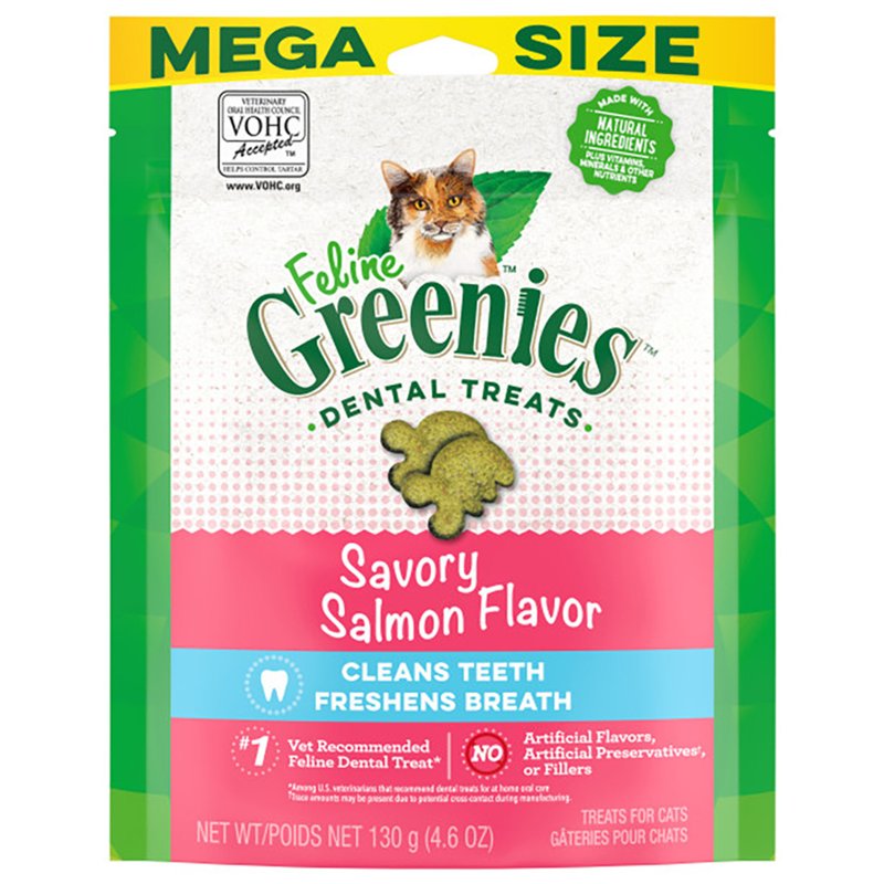 FELINE GREENIES Adult Natural Dental Care Cat Treats, Savory Salmon Flavor, 4.6 oz. Pouch