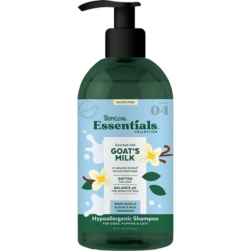 TropiClean Essentials Goat's Milk Hypoallergenic Shampoo for Dogs, Puppies, & Cats - Soften The Coat - Balanced pH for Itchy & Sensitive Skin - Derived from Natural Ingredients