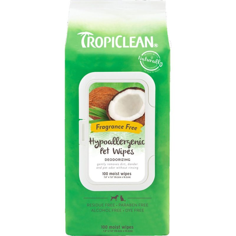 TropiClean Hypoallergenic Dog Wipes for Paws and Butt | Fragrance Free Dog Grooming Wipes | Safe for The Face | Puppy & Cat Friendly | 100 Count