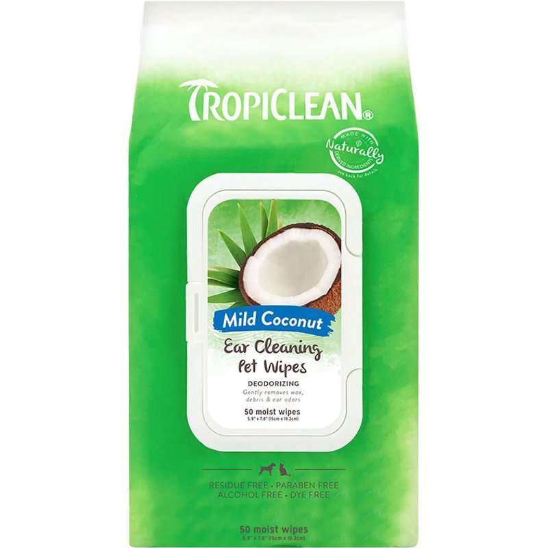 TropiClean Mild Coconut Dog Ears Cleaning Wipes | Ear Wipes for Dogs & Cats | Deodorizing Pet Ear Wipes Derived from Natural Ingredients | 50 Count