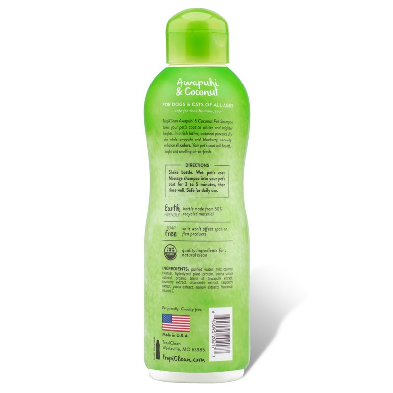 TropiClean Awapuhi Coconut Whitening Dog Shampoo for White Coats & All Coat Types | Natural Pet Shampoo Derived from Natural Ingredients | Cat Friendly | Made in the USA | 20 oz.