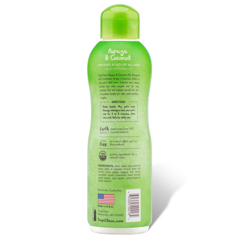 TropiClean 2-in-1 Papaya & Coconut Dog Shampoo and Conditioner | Natural Pet Shampoo Derived from Natural Ingredients | Cat Friendly | Made in the USA | 20 oz.