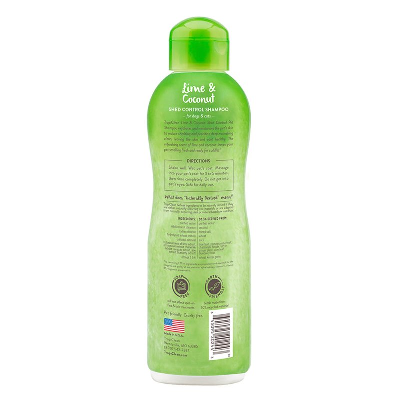 TropiClean Lime & Coconut Deshedding Dog Shampoo for Shedding Control | Natural Pet Shampoo Derived from Natural Ingredients | Cat Friendly | Made in the USA | 20 oz.