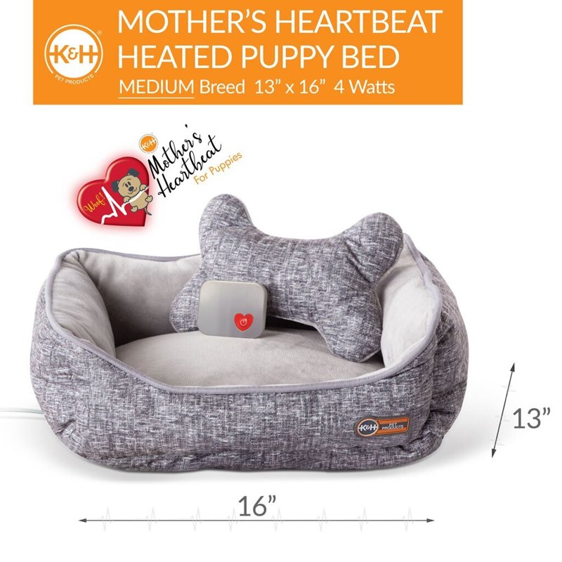 K&H Pet Products Mother's Heartbeat Heated Dog Bed with Bone Pillow Heartbeat Puppy Toy, New Puppy Essential Heated Puppy Bed + Dog Anxiety Toy - Gray 13 X 16 Inches w/ Medium Breed Heartbeat Rhythm