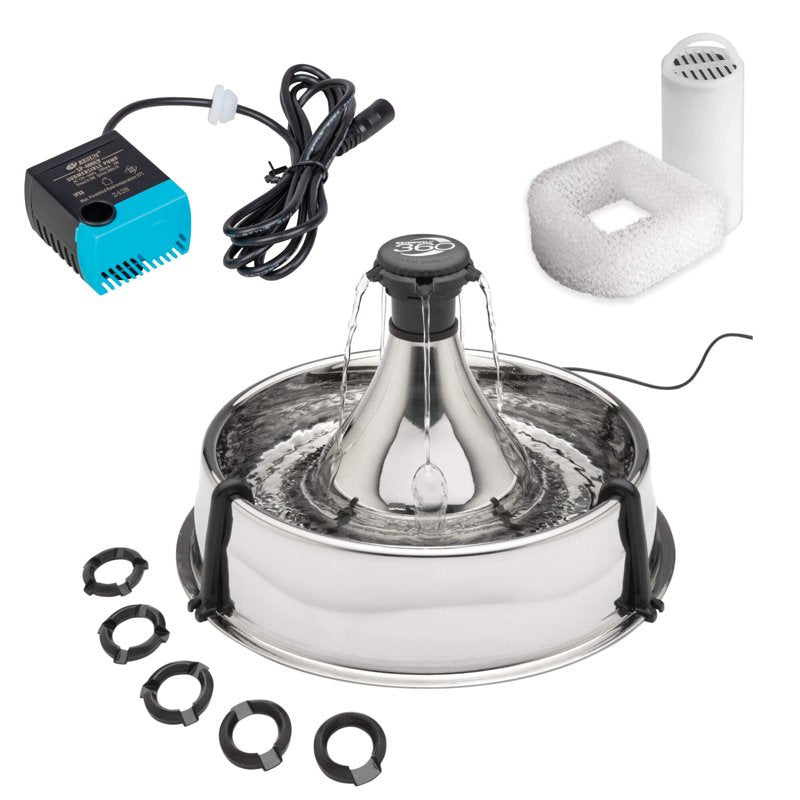 PetSafe Drinkwell Stainless Steel 360 Multiple Pet Fountain - Scratch and Rust Resistant Automatic Water Dispenser for Cats or Dogs - Adjustable Flow Control - 128 Ounce (3.8 Liter) - Filters Included