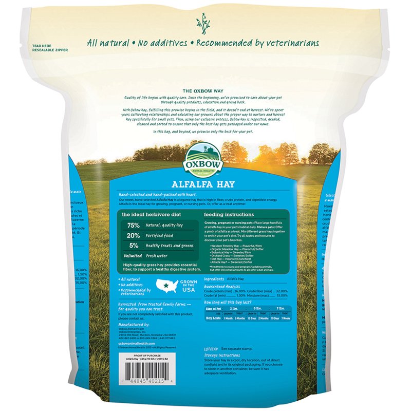 Oxbow Animal Health Alfalfa Hay, For Rabbits, Guinea Pigs, And Small Pets, Grown In The USA, Hand-Selected And Hand-Sorted, 15 Ounce