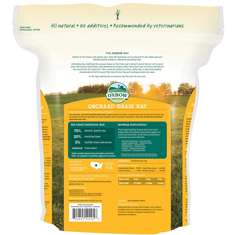 Oxbow Animal Health Orchard Grass Hay - All Natural Grass Hay for Chinchillas, Rabbits, Guinea Pigs, Hamsters, Gerbils & Other Small Pets - Grown in the USA- Fiber Rich- 40 oz.