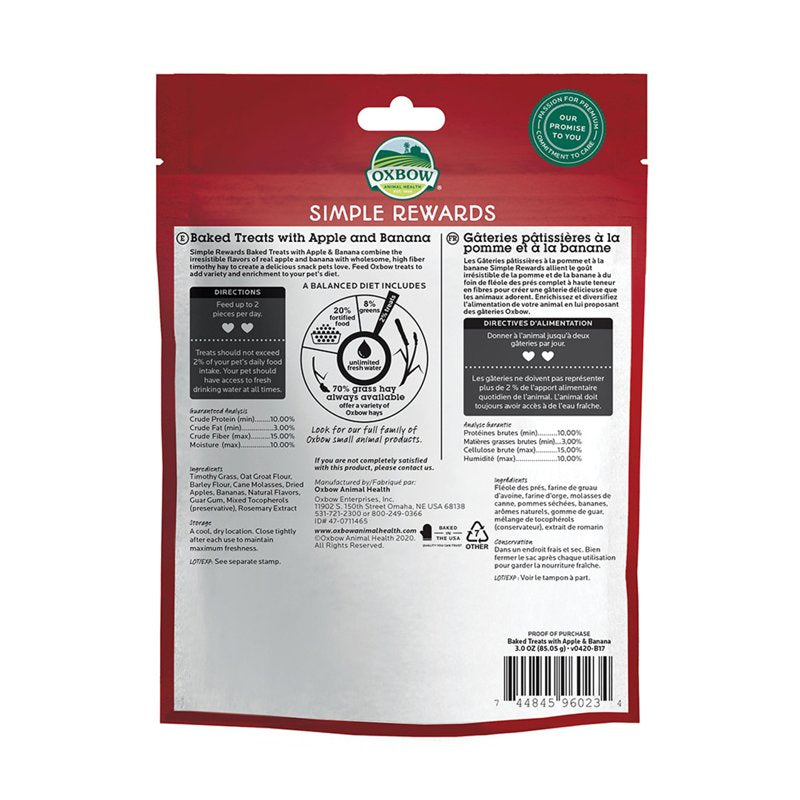 Oxbow Simple Rewards Baked Treats with Apples and Bananas for Rabbits, Guinea Pigs, Chinchillas, and Small Pets 3 Ounce (Pack of 1)
