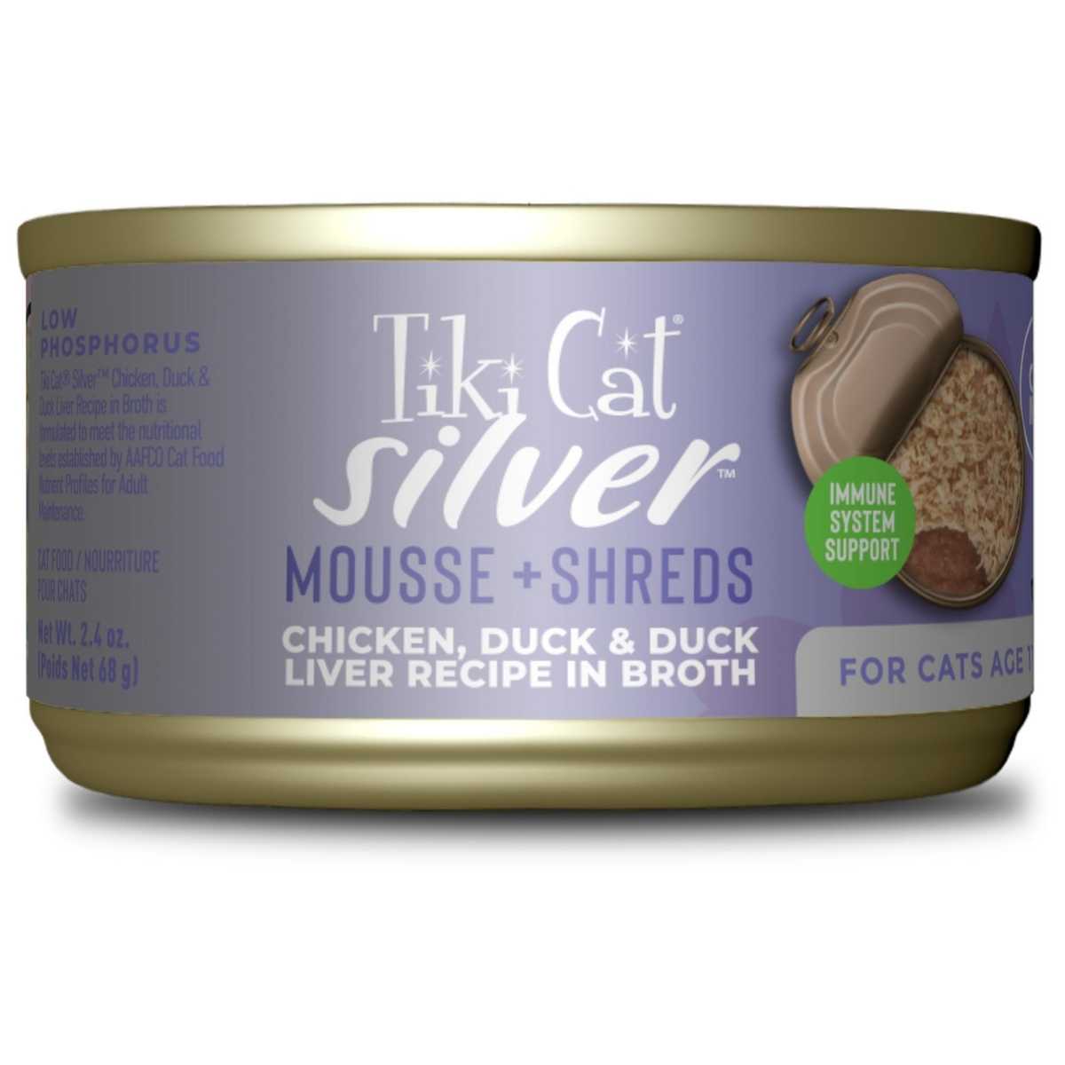 Tiki Pet Silver Chicken, Duck & Liver Shreds & Mousse- 12/2.4 oz Cans