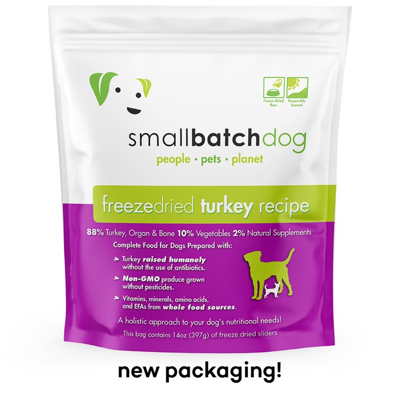 Smallbatch Pets Freeze-Dried Premium Raw Food Diet for Dogs, Turkey Recipe, 14 oz, Made in The USA, Organic Produce, Humanely Raised Meat, Hydrate and Serve Patties, Single Source Protein, Healthy