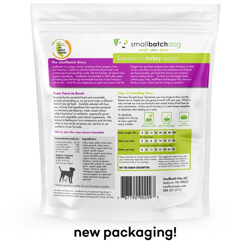 Smallbatch Pets Freeze-Dried Premium Raw Food Diet for Dogs, Turkey Recipe, 14 oz, Made in The USA, Organic Produce, Humanely Raised Meat, Hydrate and Serve Patties, Single Source Protein, Healthy