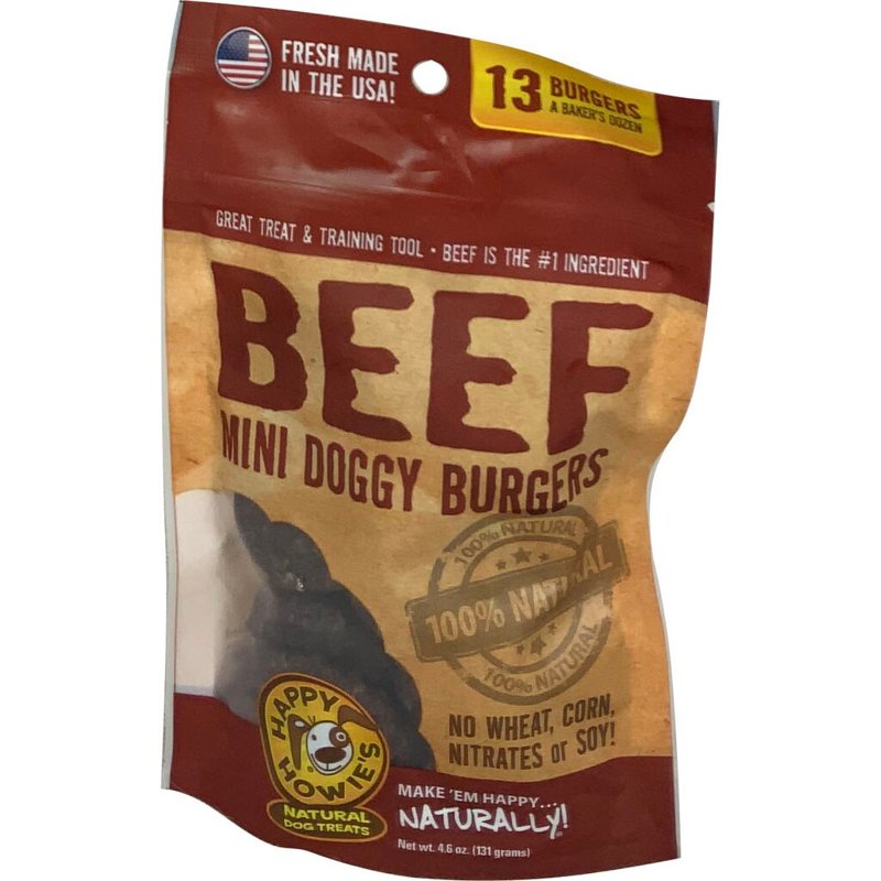 Happy Howie's Natural Dog Treats - Healthy Dog Treats Made in The USA, Made with Real Beef & Natural Ingredients, Hormone Free, Long Lasting & Chewy - Mini Doggy Beef Burger (13 Patties, 1 Pack)