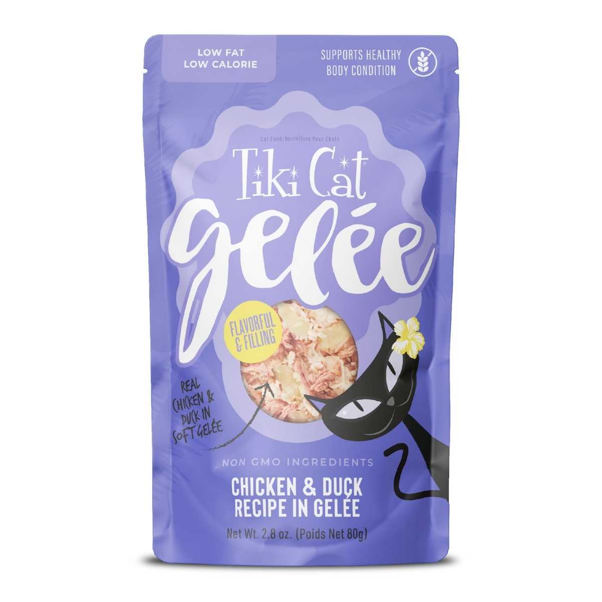Front view of a purple Tiki Cat Gelée pouch with chicken and duck flavor, 2.8 oz size.