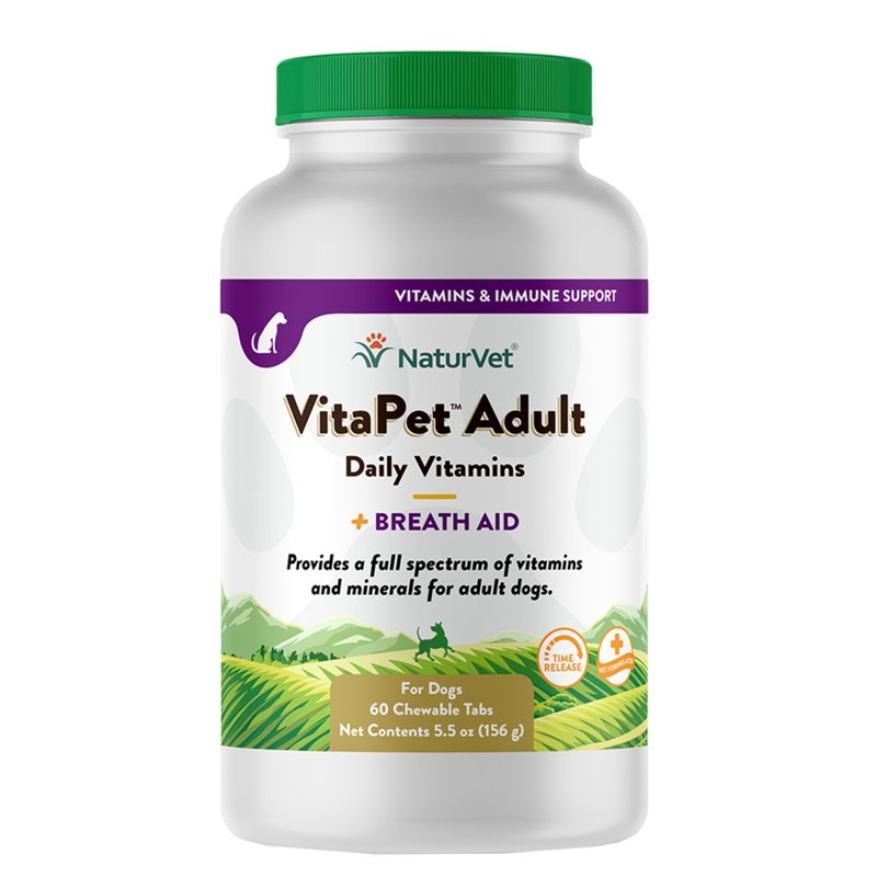 NaturVet VitaPet Adult Daily Vitamins for Dogs With Breath Aid - Includes Full Spectrum of Vitamins, Minerals, Omega-6 Fatty Acids, Parsley - Designed for Dogs Over 1 Year - 60 Ct.