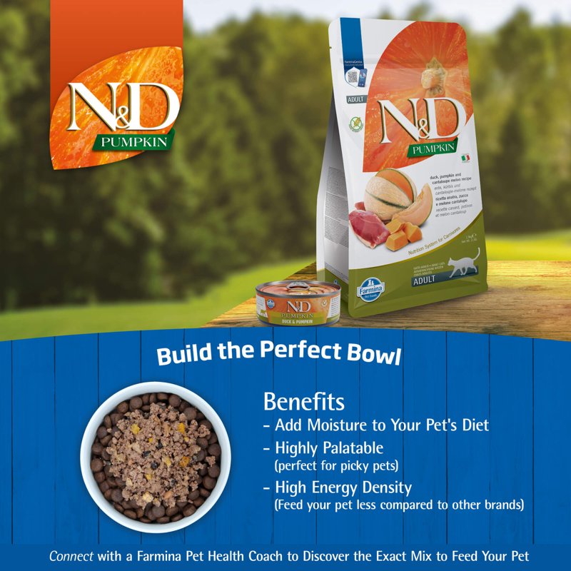 Farmina N&D, Pumpkin Duck Pumpkin and Cantaloupe Melon Recipe Adult Dry Cat Food, 3.3lb