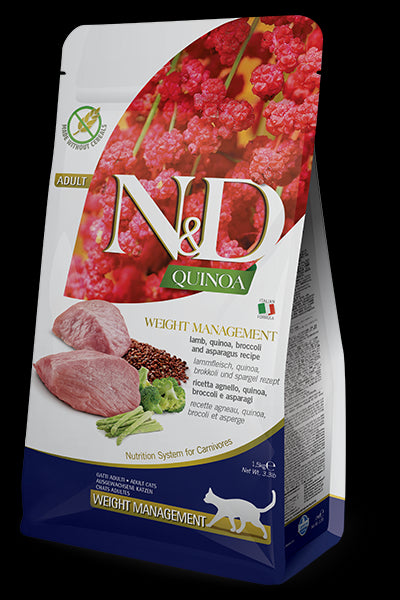 Farmina N&D, Quinoa Weight Management Lamb Quinoa Broccoli and Asparagus Recipe Adult Dry Cat Food, 3.3lb
