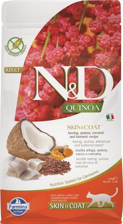 Farmina N&D, Quinoa Skin & Coat Herring, Quinoa, Coconut and Turmeric Recipe Adult Dry Cat Food, 3.3lb