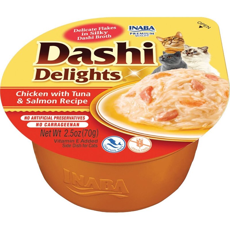 INABA Dashi Delights for Cats, Shredded Chicken with Bonito Flake Broth, 2.5 Ounce Cup, Chicken with Tuna & Salmon Recipe