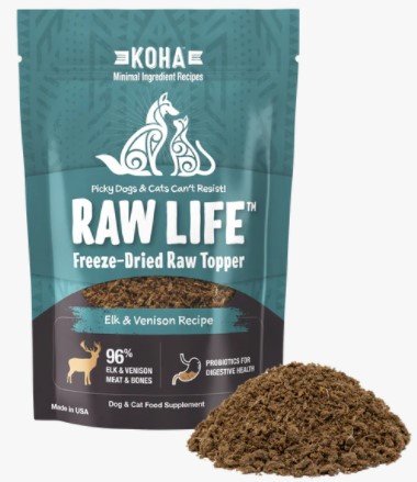 KOHA Raw Life Freeze-Dried Raw Topper Elk & Venison for Dogs and Cats, High Protein Meal Topper for Picky Eaters with Probiotics, 8oz Bag