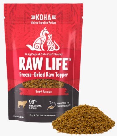 KOHA Raw Life Freeze-Dried Raw Topper Beef for Dogs and Cats, High Protein Meal Topper for Picky Eaters with Probiotics, 8oz Bag