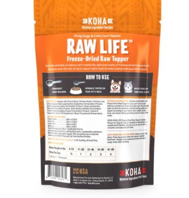 KOHA Raw Life Freeze-Dried Raw Topper Chicken, for Dogs and Cats, High Protein Meal Topper for Picky Eaters with Probiotics, 8oz Bag