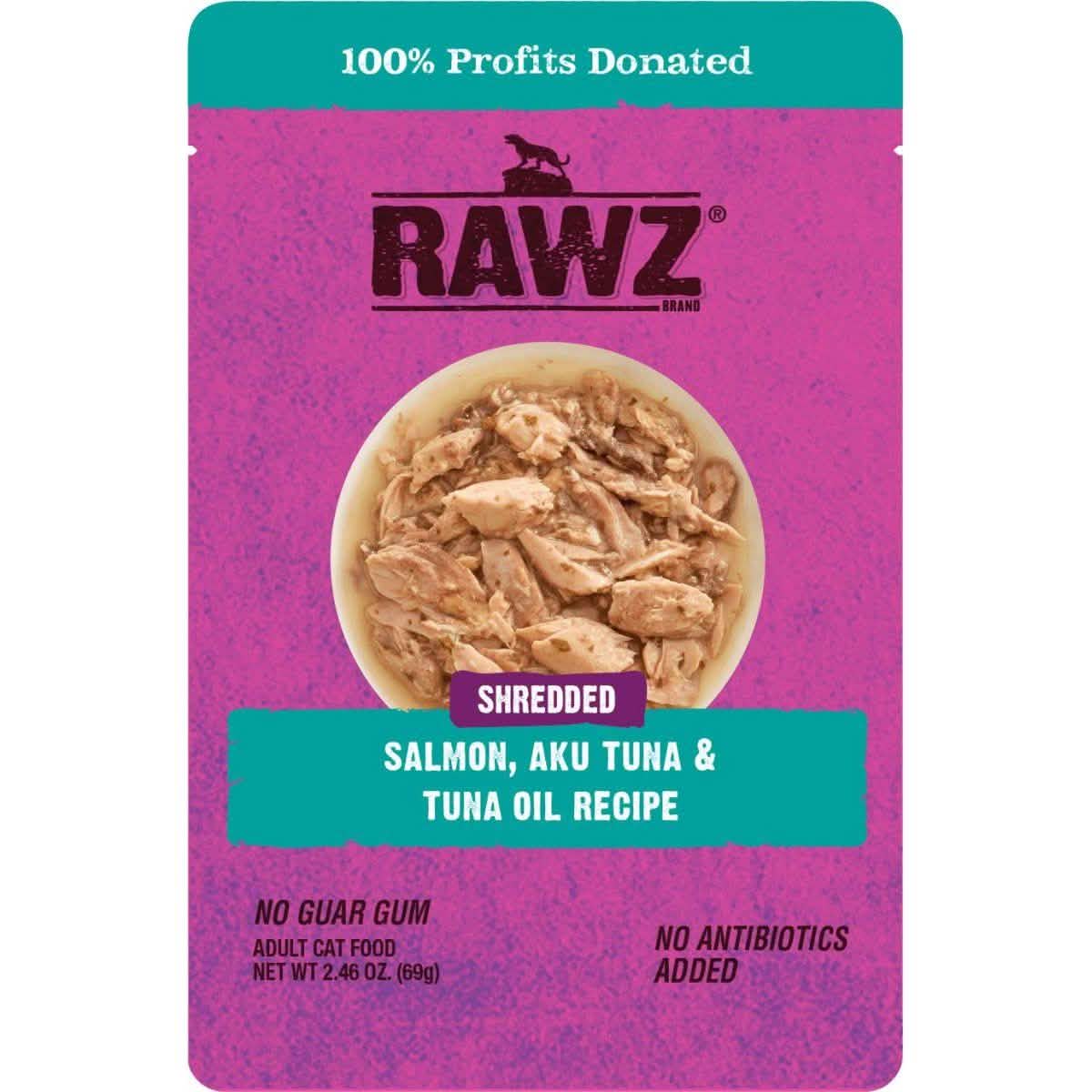 RAWZ Shredded Salmon, Aku Tuna & Tuna Oil Recipe Adult Cat Food, 2.46 oz Pouch