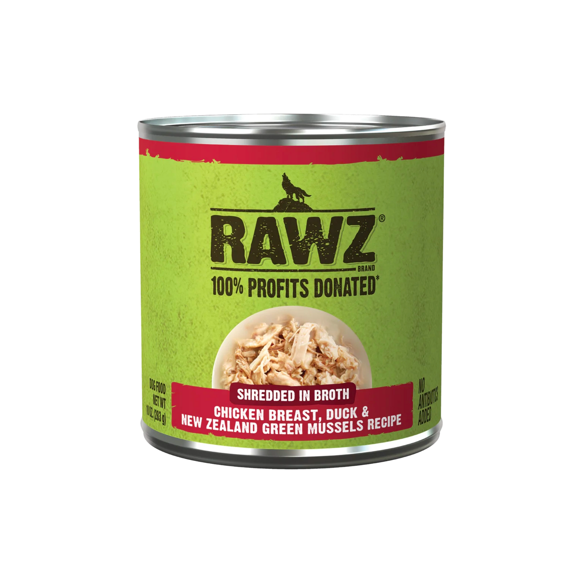 RAWZ Shredded Chicken Breast, Duck & New Zealand Green Mussels Dog Food Recipe, 10 oz Can