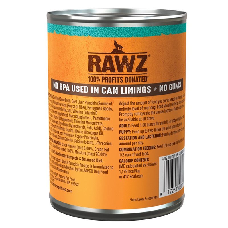 Rawz Natural Pet Food, Digestive Support Beef & Pumpkin Recipe Canned Dog Food, 12.5 Ounce