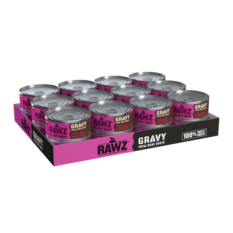 Rawz Natural Premium Minced Canned Cat Food in Gravy from Bone Broth - Made with Real Meat Ingredients No BPA & Gums - (5.5 Ounce Can), Salmon & Beef