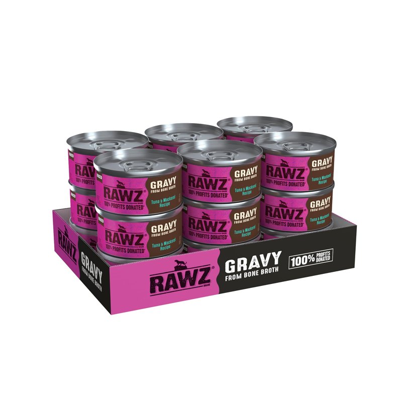 Rawz Natural Premium Minced Canned Cat Food in Gravy from Bone Broth - Made with Real Meat Ingredients No BPA & Gums - (3 Ounce Can), Tuna & Mackerel