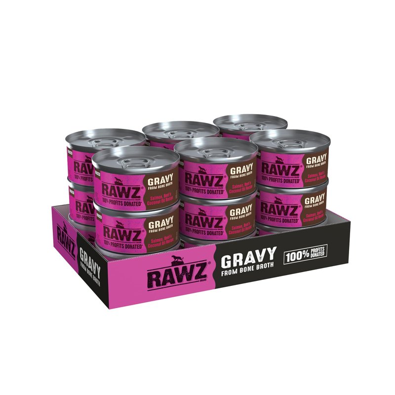 Rawz Natural Premium Minced Canned Cat Food in Gravy from Bone Broth - Made with Real Meat Ingredients No BPA & Gums - (3 Ounce can), Salmon & Beef