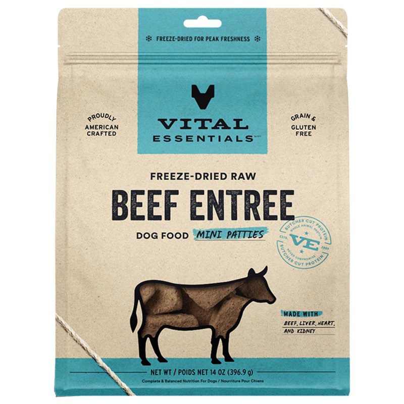 Vital Essentials Freeze Dried Raw Dog Food, Beef Mini Patties Entree, 14 oz