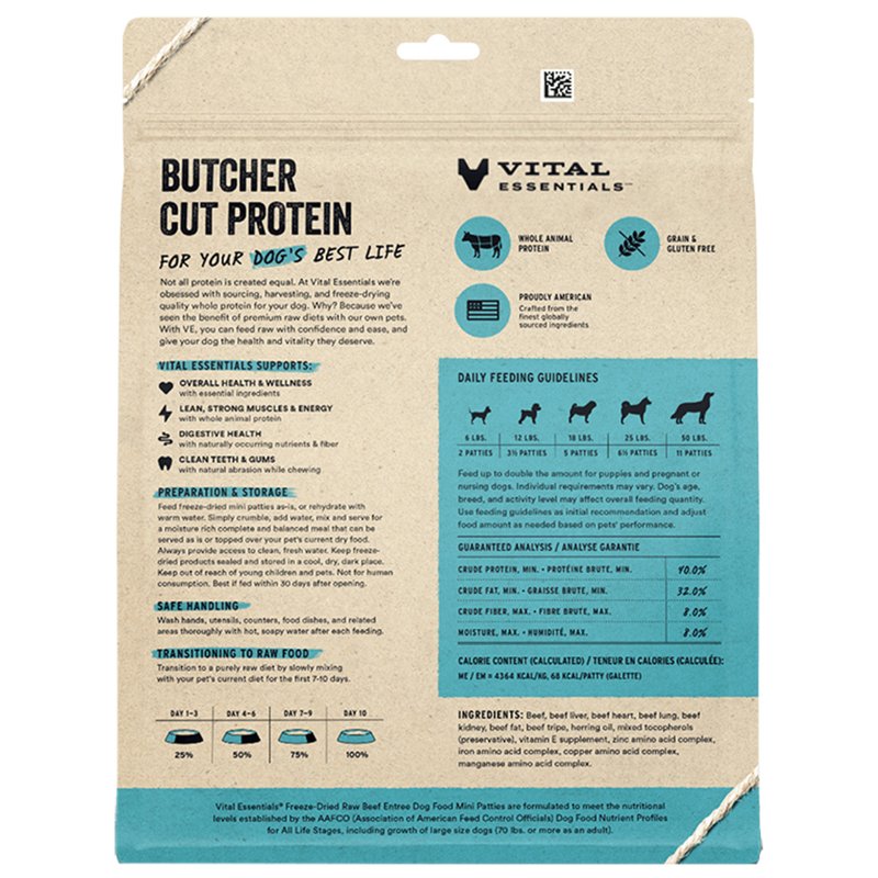 Vital Essentials Freeze Dried Raw Dog Food, Beef Mini Patties Entree, 14 oz