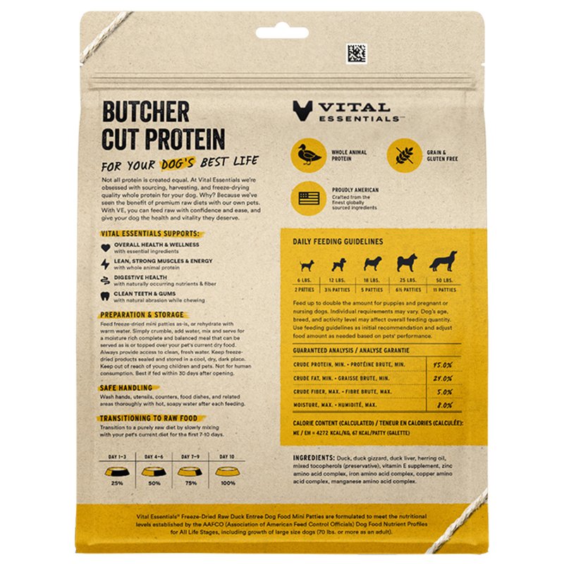 Vital Essentials Freeze Dried Raw Dog Food, Duck Mini Patties Entree, 14 oz