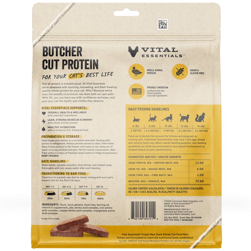 Vital Essentials Duck Entrée Mini Patties Frozen Raw Cat Food