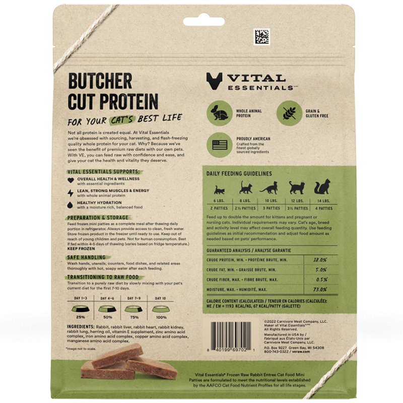 Vital Essentials Rabbit Entrée Mini Patties Frozen Raw Cat Food