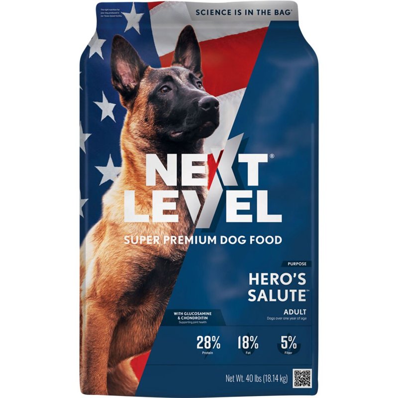 Next Level Super Premium Dog Food - Hero's Salute Adult Dry Dog Food Kibble All Breeds - 28% Protein, Fish, Chicken and Gluten Free Grains, Glucosamine & Chondroitin for Hip & Joint Health