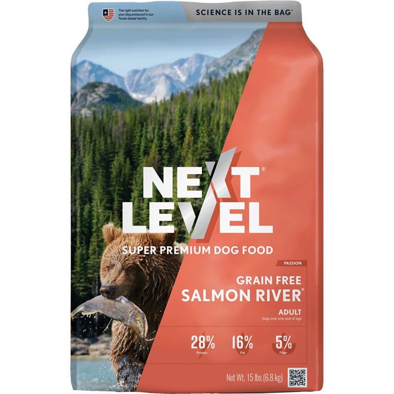 Next Level Super Premium Dog Food - Grain Free Salmon River - Dry Kibble for Dogs at All Life Stages of All Breeds - 28% Protein, Fish and Sweet Potato, Gluten Free Grains (15 Pound)