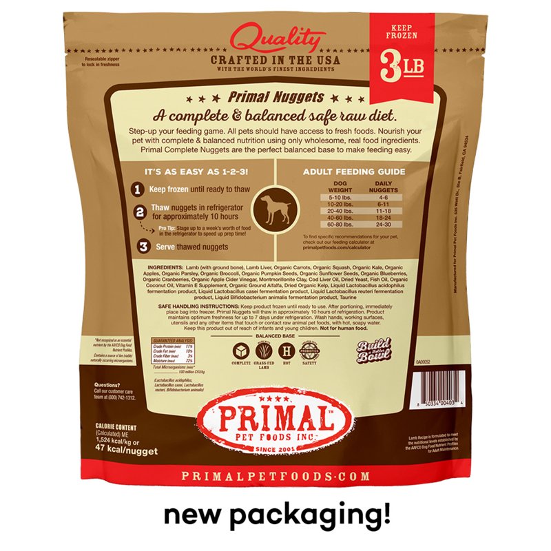 Primal Pet Food Raw Diet, Canine Lamb Formula, 3-Pound Nuggets