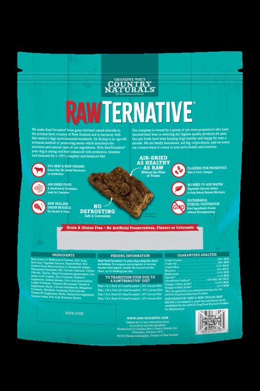 Grandma Mae's Country Naturals RawTernative Air Dried Dog Food. (1LB Beef & Beef Organs)