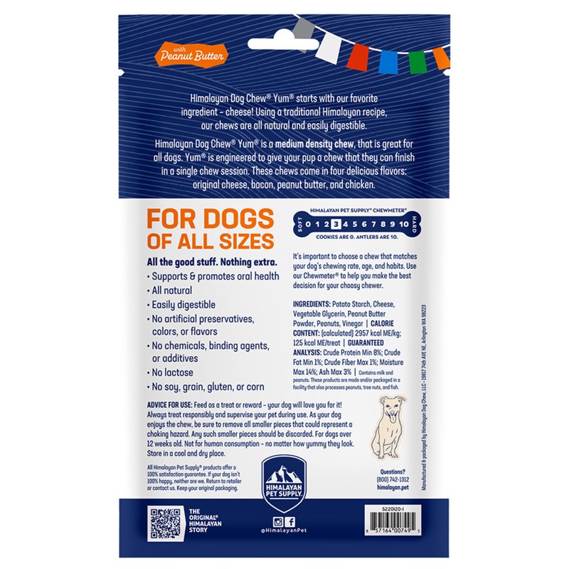 Himalayan Dog Chew Yak Cheese Dog Chews, Lactose Free & Grain Free, USA Made, For All Dog Breeds, Medium Density Cheese Chew, Resealable Pouch with 3 YUM Treats, Peanut Butter Flavor