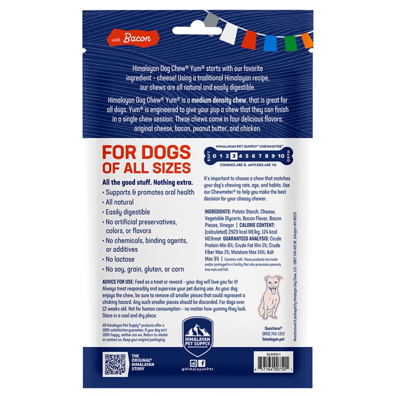 Himalayan Dog Chew Yak Cheese Dog Chews, Lactose Free & Grain Free, USA Made, For All Dog Breeds, Medium Density Cheese Chew, Resealable Pouch with 3 YUM Treats, Bacon Flavor