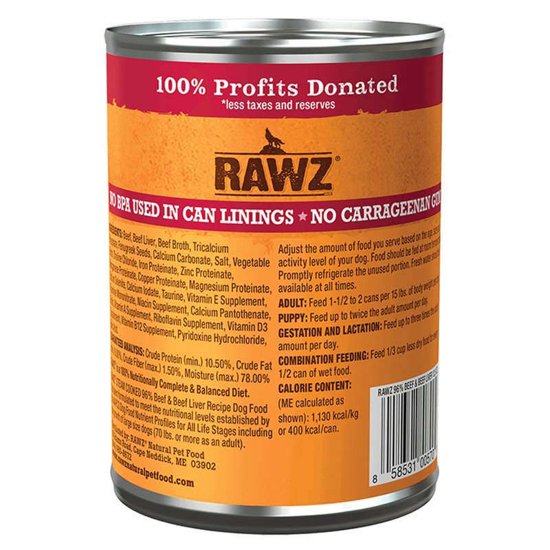 Rawz Natural Pet Food, 96% Beef & Beef Liver Canned Dog Food, 12.5 Ounce