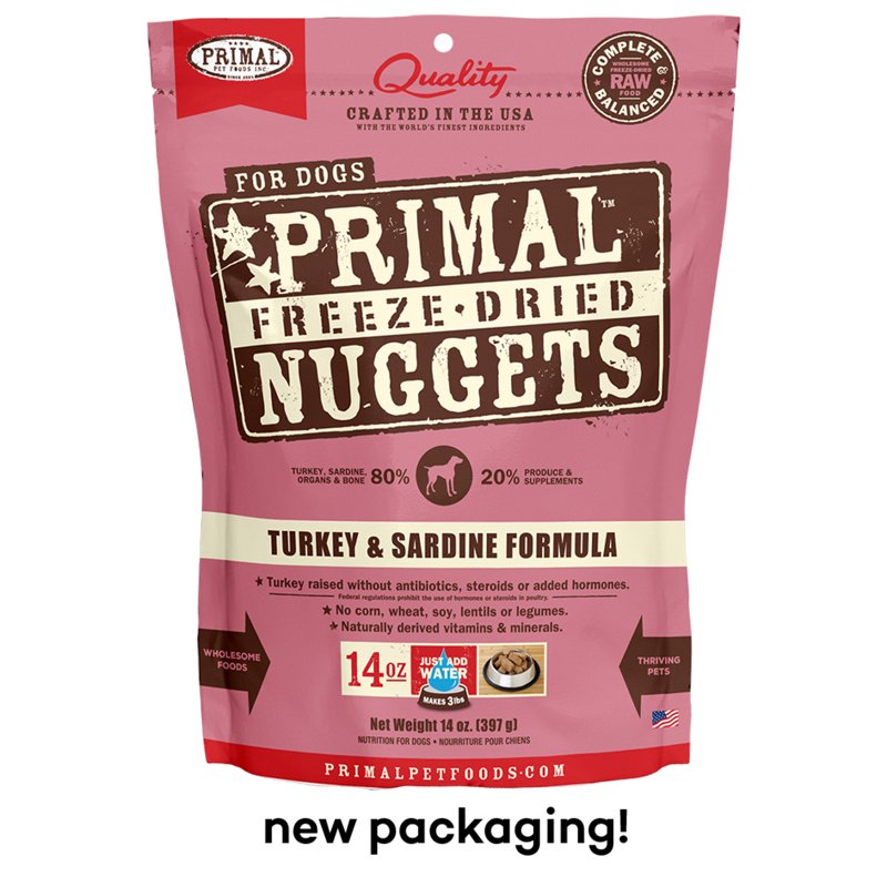 Primal Freeze Dried Raw Dog Food Nuggets, Turkey & Sardine Complete & Balanced Meal, Also Use as Topper or Treat, Premium, Healthy, Grain Free, High Protein Raw Dog Food, 14 oz