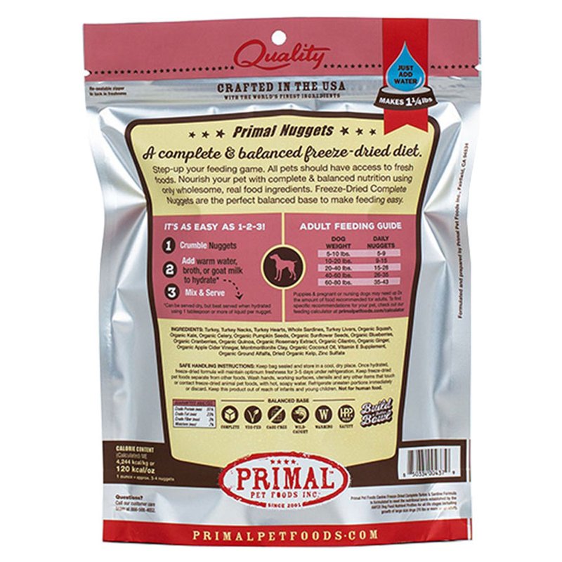 Primal Freeze Dried Raw Dog Food Nuggets, Turkey & Sardine Complete & Balanced Meal, Also Use as Topper or Treat, Premium, Healthy, Grain Free, High Protein Raw Dog Food, 14 oz