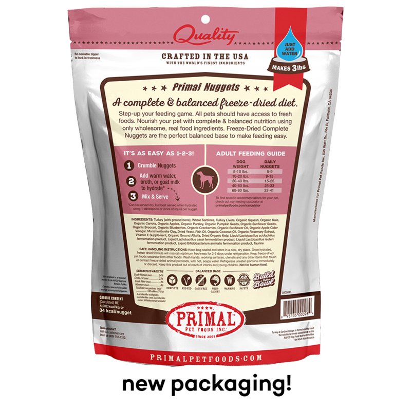 Primal Freeze Dried Raw Dog Food Nuggets, Turkey & Sardine Complete & Balanced Meal, Also Use as Topper or Treat, Premium, Healthy, Grain Free, High Protein Raw Dog Food, 14 oz