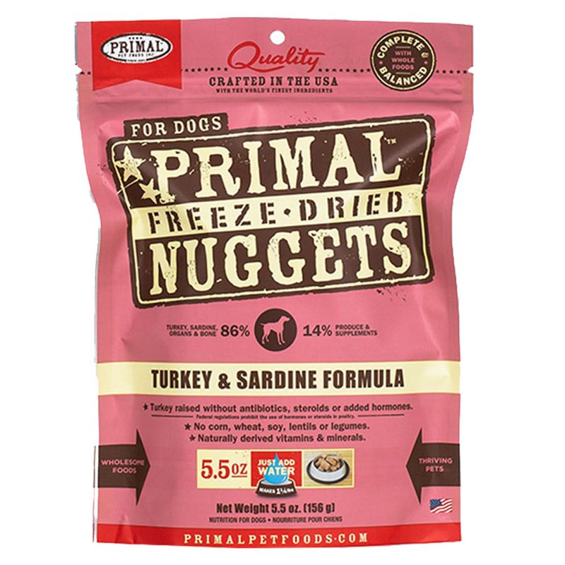 Primal Freeze Dried Raw Dog Food Nuggets, Turkey & Sardine Complete & Balanced Meal, Also Use as Topper or Treat, Premium, Healthy, Grain Free, High Protein Raw Dog Food, 14 oz
