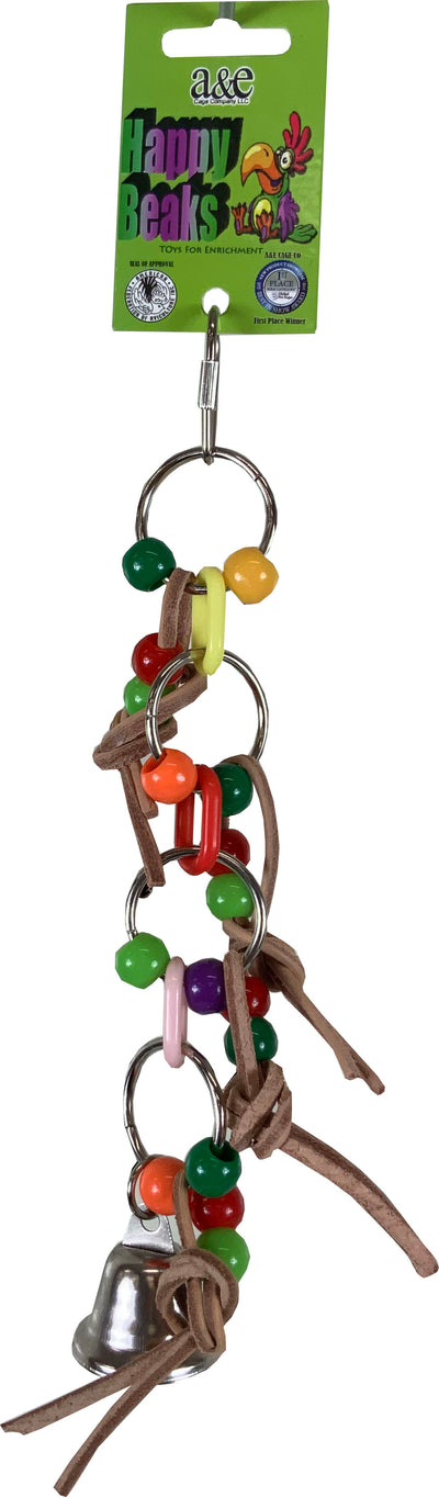 Packaged a&e Happy Beaks bird toy with colorful beads, leather, and a bell on a green card.