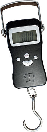 Black digital hanging scale with metal hook, display showing 110.0, and buttons labeled TARE, SET, and UNIT.