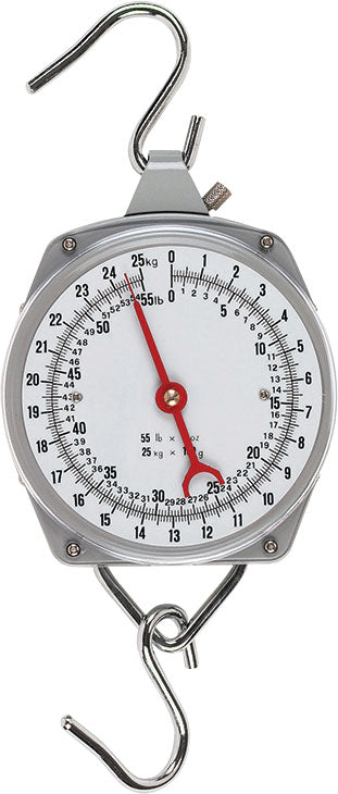 Silver E-Z Hang Scale with a hook at top and bottom, showing a white dial with red needle and markings for kg and lb.